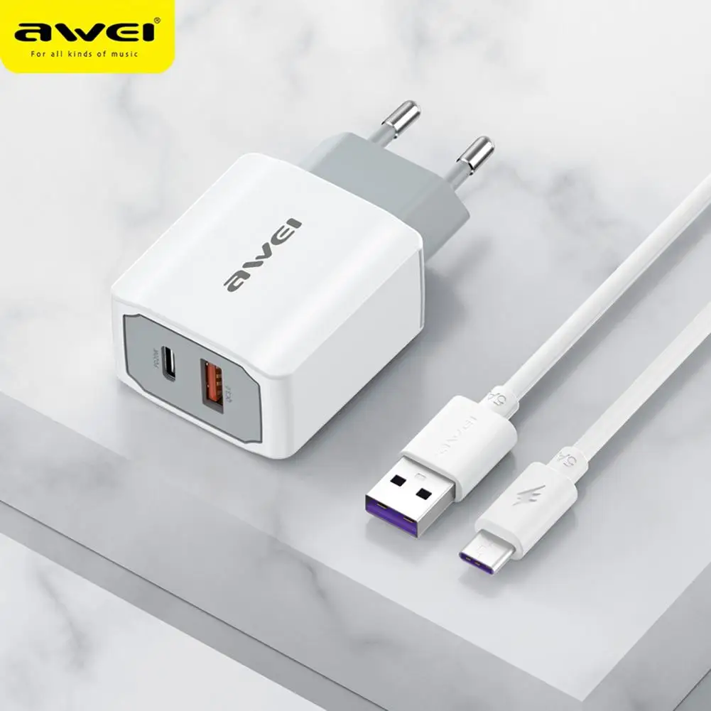 

AWEI PD4 Portable Fast Charging EU Plug QC3.0 PD 20W USB C Phone Charger with 5A Type-C Data Cable for Huawei