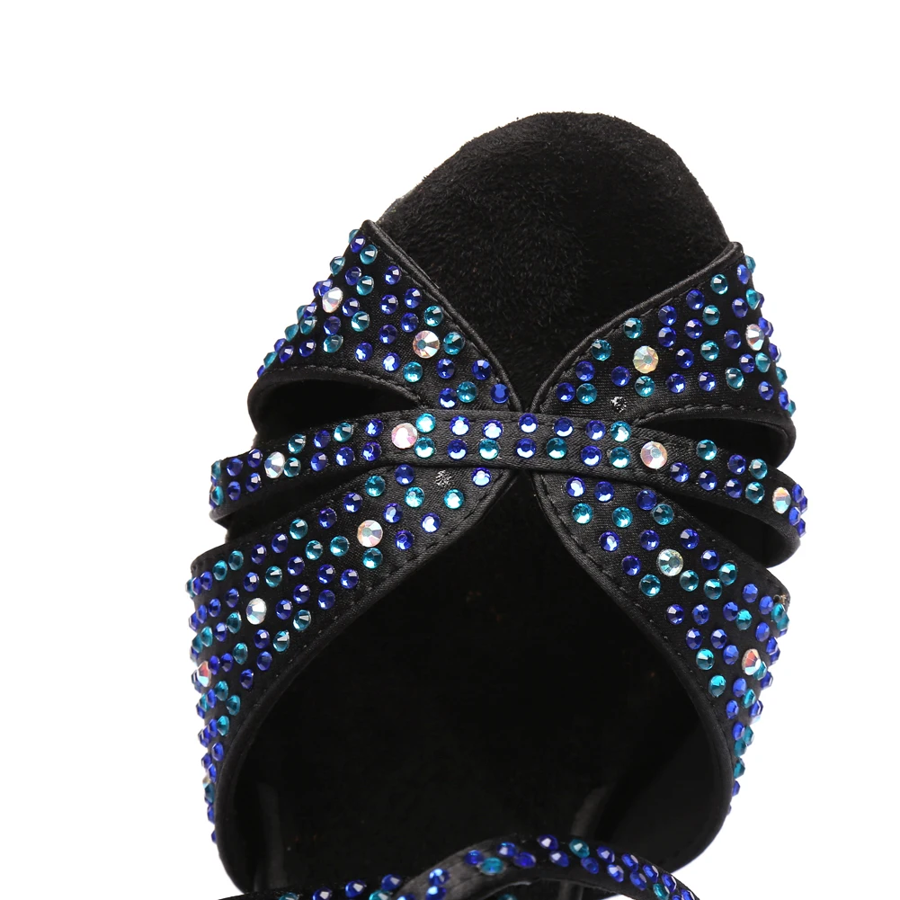 HROYL Women Latin Dance Shoes Elegant With Rhinestone Ballroom Tango Dancing Shoes High Heels Blue Sandals