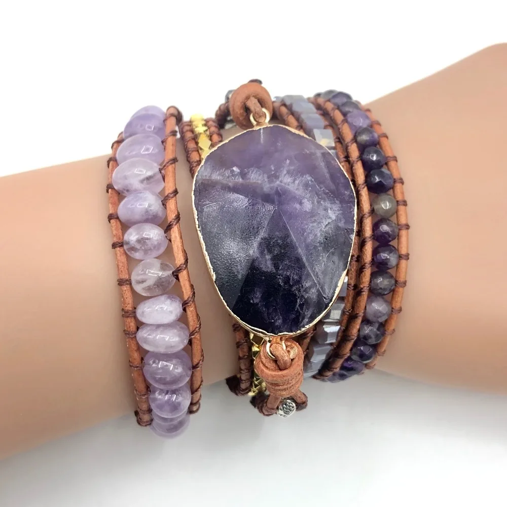 

Women Beads Leather Bracelet Natural Stones violet Quartz Crystal 5Strands Woven Wrap Bracelet Bohemian Bracelet Fashion Jewelry
