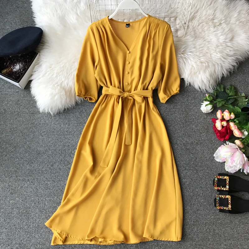 Женское винтажное офисное платье с v образным вырезом повседневное шифоновое