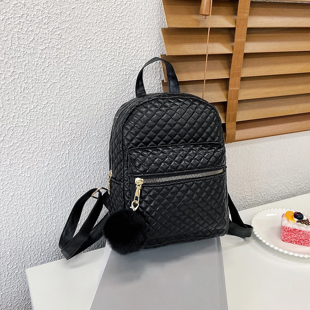 

Fashion Women Black Small Backpack Travel Lattice Pattern Handbag Double Shoulder Bag Outdoor Street Small Rucksack