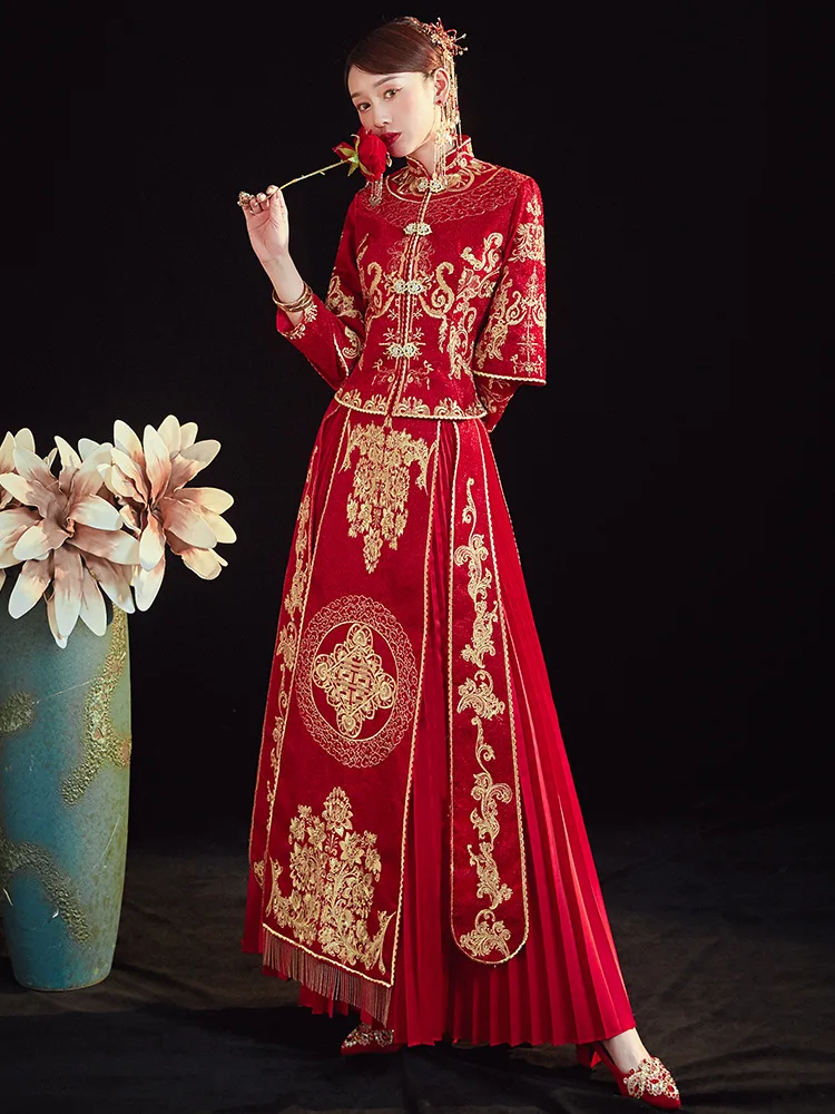 

Chinese Women Wedding Dress Suzhou Embroidery Marriage Suit Chinese Style Bride Costume Vintage Cheongsam Toast Clothing