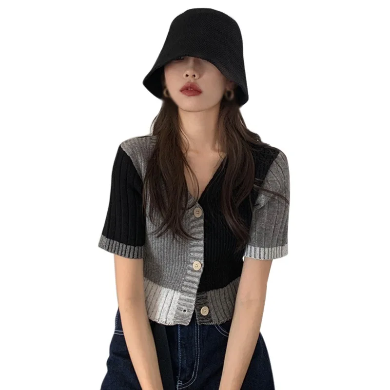 

Women Fashion V Neck Color Contrast Tee Shirt Sweet Exposed Navel Knitted Short-sleeved Cardigan Tops