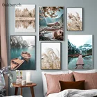 Скандинавский настенный постер с изображением верхушки гор озера лодки, рисунок на холсте, декор для гостиной