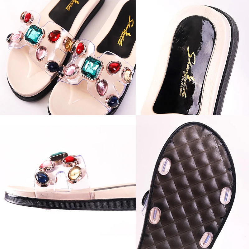 

2021Summer Rhinestone Transparent Women's Flat Sandals Fashion Open Toe Slip-On Slides Outdoor Non-Slip Casual Beach Slippers