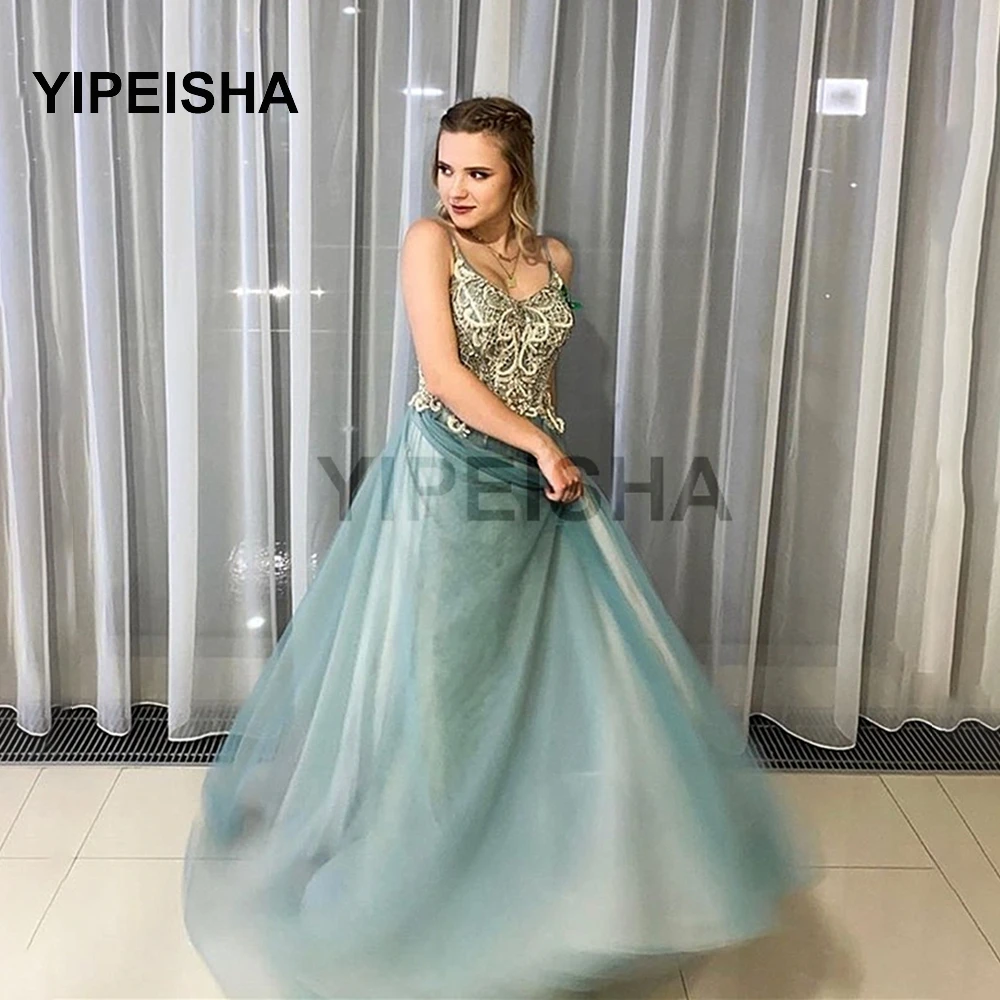 

Light Green Tulle Spaghetti Strap Evening Dress Beads Applique Sexy V-Neck Backless Floor Length Prom Perty Gown robes de soirée
