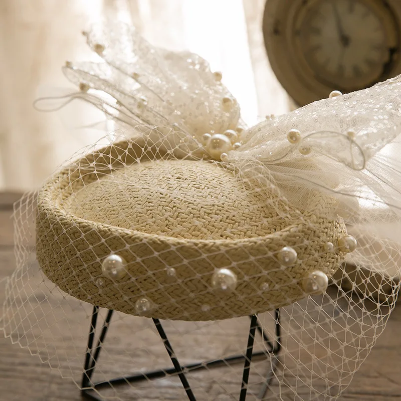 

NZUK Straw Wedding Veil Headpiece Church party Hat Fascinator Hat Hair Clips Elegant Ladies pearl bowknot Bride tiara
