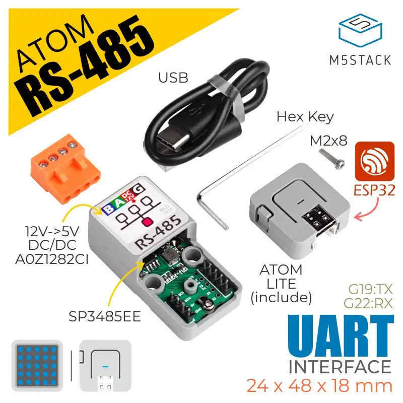 

M5Stack Official ATOM RS-485 M5Atomic TTL & RS485 Conversion SP3485EE RS485 Multipoint Communication Industrial Control Node