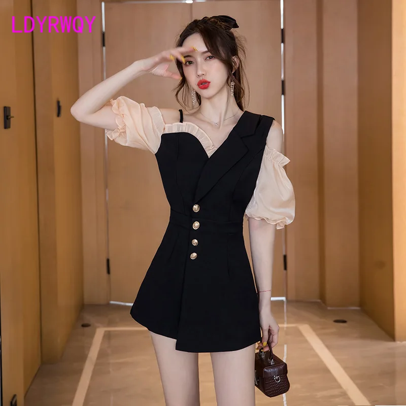 

LDYRWQY 2021 new summer temperament V-neck lantern sleeve slim fashion jumpsuit with wooden ear edge Office Lady
