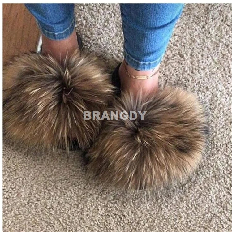 Шлепанцы женские для дома натуральный мех лисы сланцы повседневные сандалии с