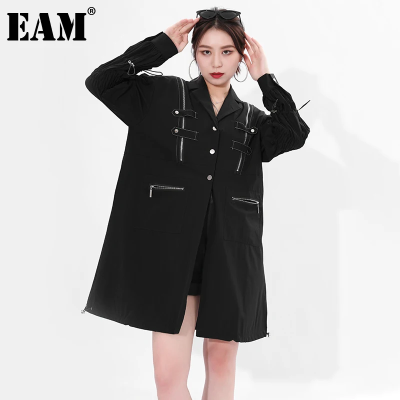 

[EAM] Women Black Pleated Oversized Long Trench New Lapel Long Sleeve Loose Windbreaker Fashion Spring Autumn 2021 1DE133701