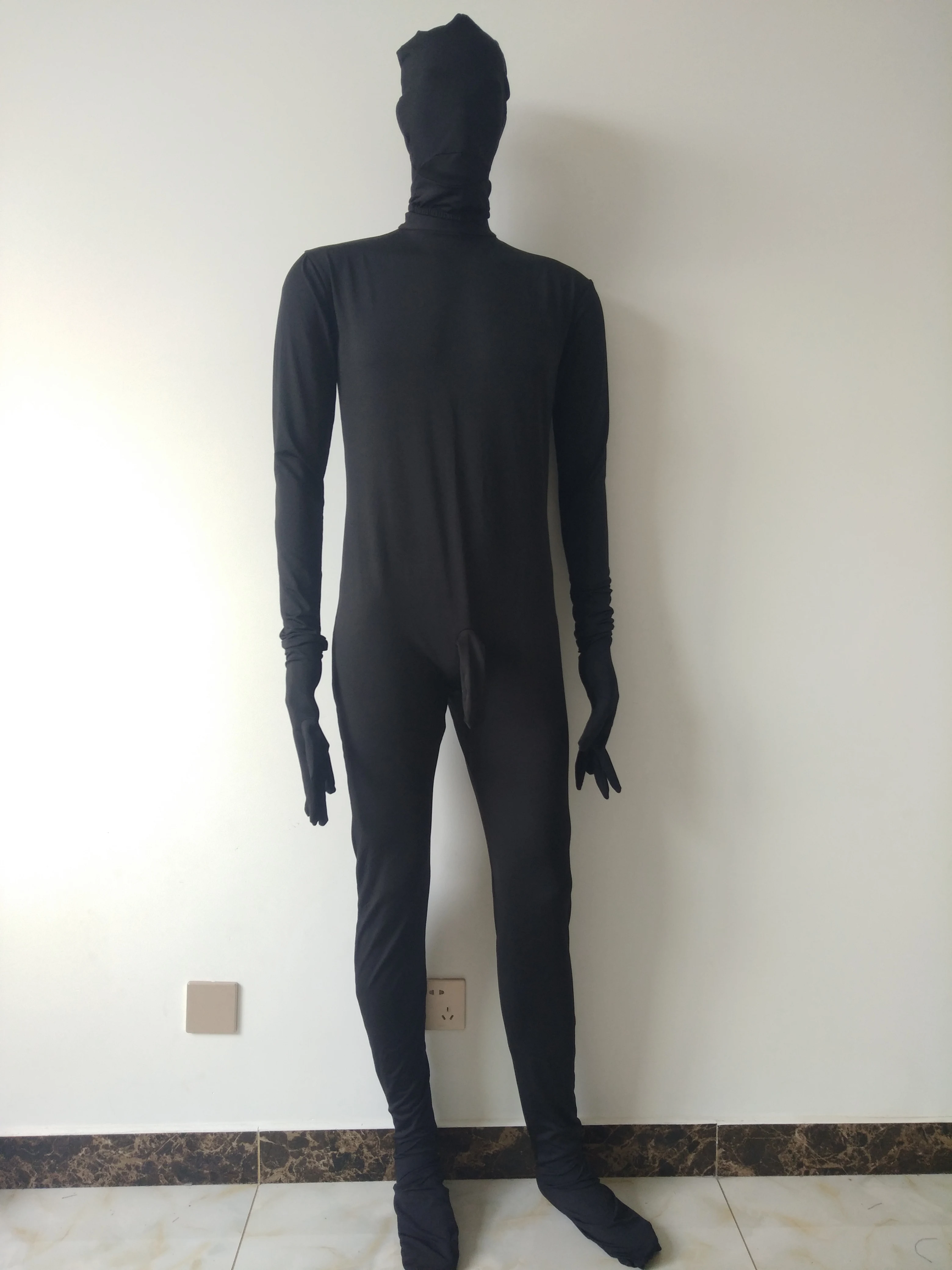 Новый стиль черный спандекс мужской унитард костюм кошки с футляром для пениса