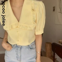 chiffon women short sleeve blouses solid peter pan collar female elegant single breasted buttons fungus t shirts loose