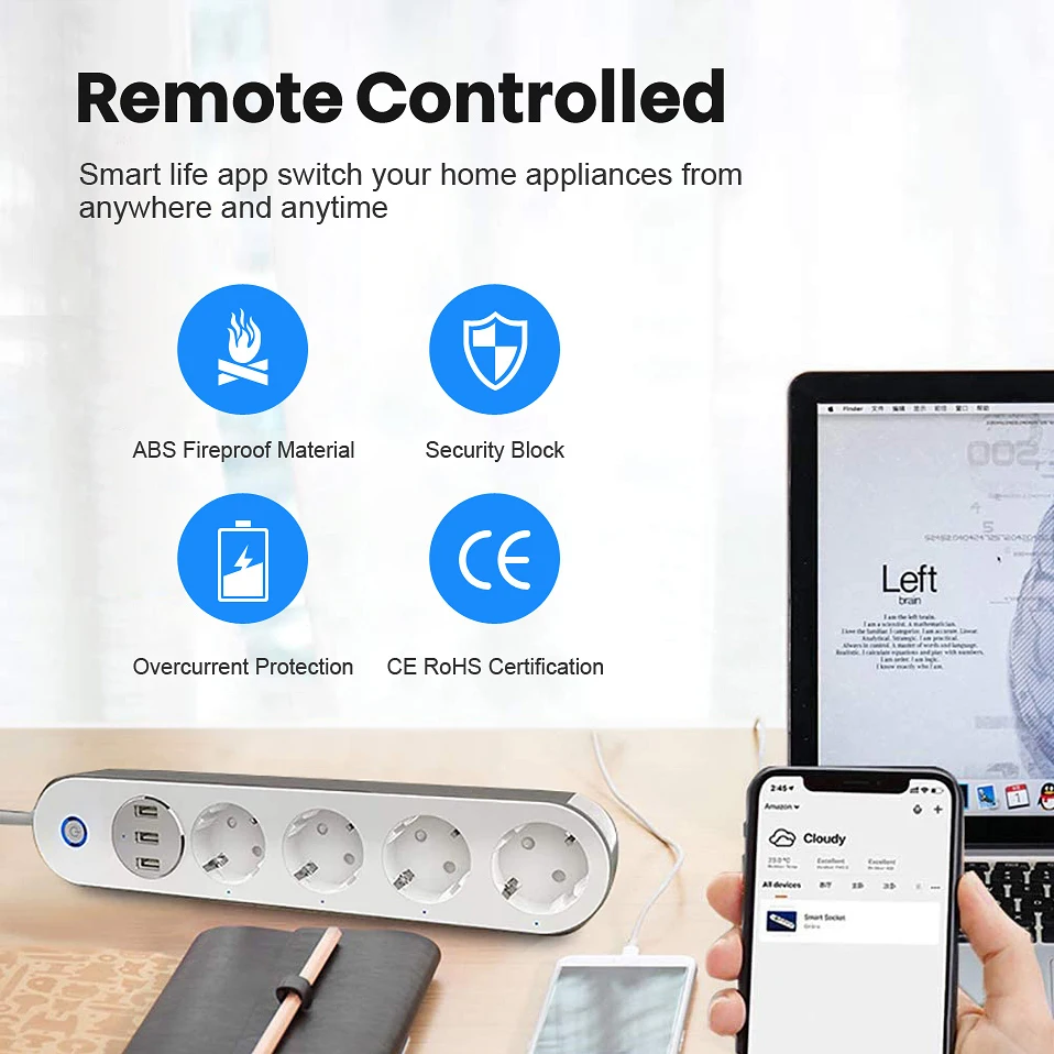 Смарт удлинитель AVATTO WPS02 с 4 розетками 3USB порта 2 1 м|Умные розетки| |