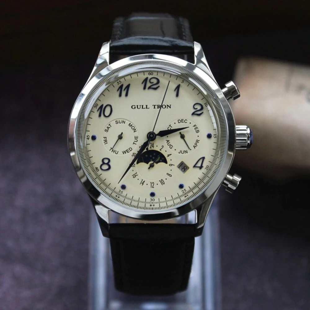

38mm Vintage Automatic Mechanical Watches Men Tianjin 1963 Watch Retro Stainless Steel Moon Phase Dome Mineral Glass Wristwatch