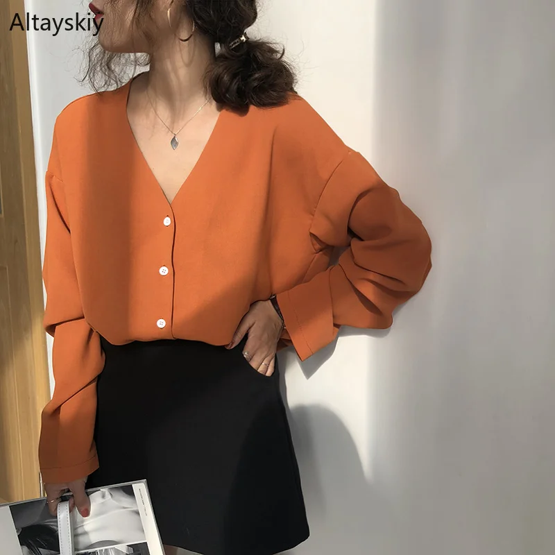 Рубашка женская с V образным вырезом элегантная простая однотонная однобортная