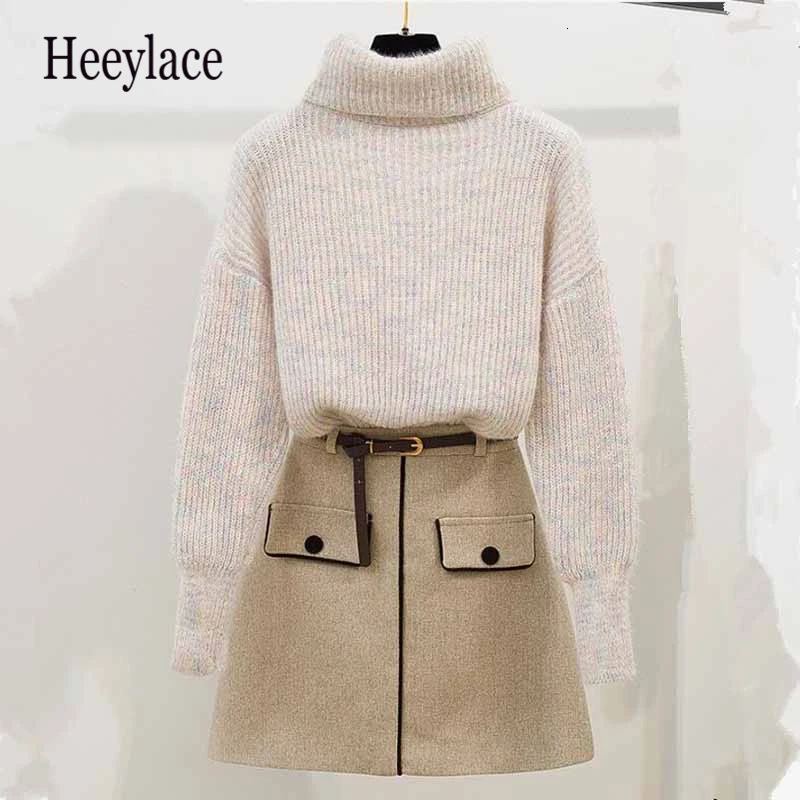 С высоким плотно облегающим шею воротником пуловер свитер и шерстяные юбка