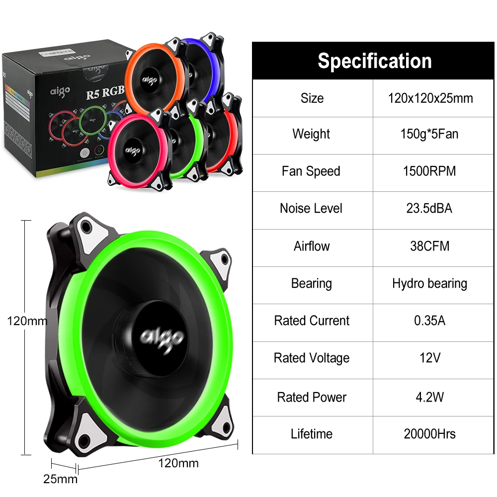 Aigo 120 мм вентилятор PC чехол Вентилятор Кулер Регулируемый Aurora RGB Led компьютер Вентилятор охлаждения 12 в бесшумный вентилятор PC чехол вентилятор для компьютера
