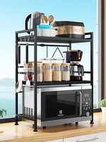 2 tier expandable microwave oven rack kitchen storage organizer cabinet counter stand shelf height adjustable with 3 hooks