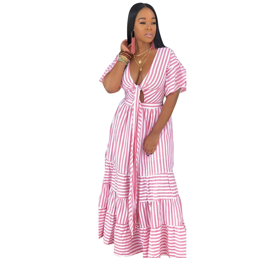 Женское Свободное длинное платье в полоску повседневное Пляжное Платье макси с v