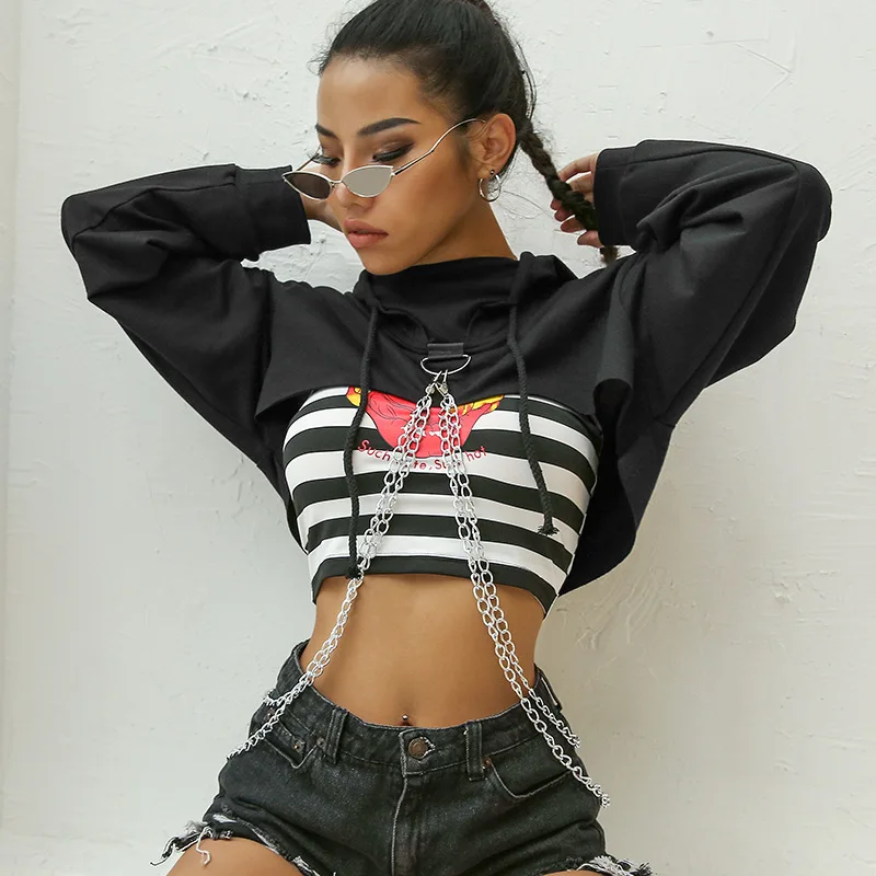 2019 черная укороченная толстовка с капюшоном женский свободный пуловер цепью в