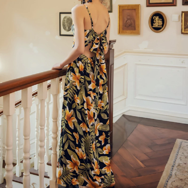 

Long Casual Party Runway 2021 Dresses Maxi Floral Print Boho Women Straps Dress Summer Elegant Tropical Vacation Sea Beach Dress