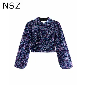 NSZ Женская пайетки джемпер Блестящий Яркий укороченный топ с открытой спиной для ночного клуба, пикантные, с вырезами Вечерние Рубашка Модный новогодний Клубная одежда Топ