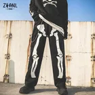 Джинсы мужскиеженские с принтом скелета, штаны из денима в стиле хип-хоп, брюки с широкими штанинами, уличная одежда на Хэллоуин, 2021