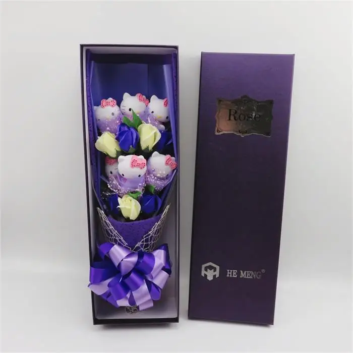 with box Искусственное мыло из лепестков роз с котом мультфильм букет подарочная коробка свадебные украшения дома День Святого Валентина Рождественские подарки - Цвет: with box