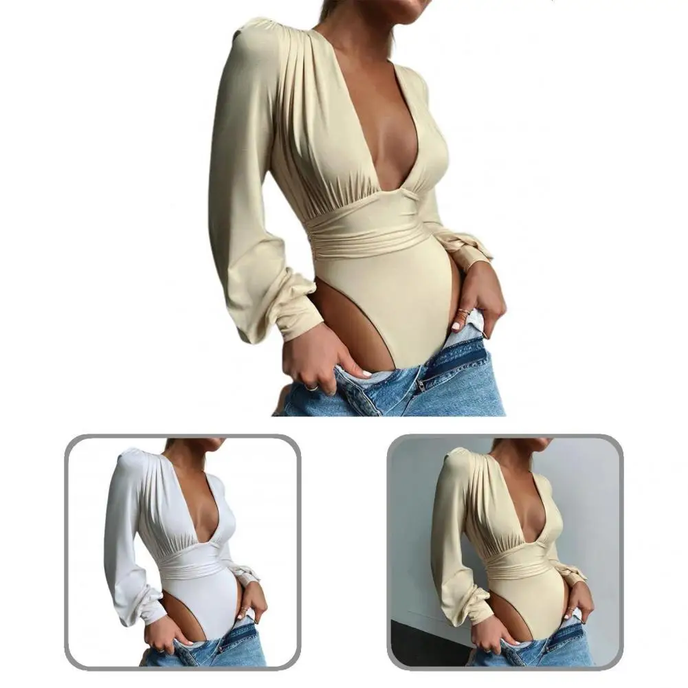 

Stretchy Sexy Deep V-Neck Autumn Bodysuit Comfy Women Bodysuit Skinny for Daily Wear