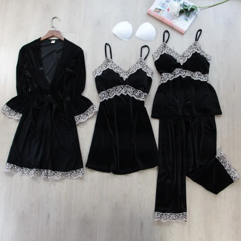 2022 New Spring Style Pajamas Women's Velvet 4Pcs Set with Breast Pad Sling Sexy Nightgown Home Clothes Lady Nightwear Sleepwear