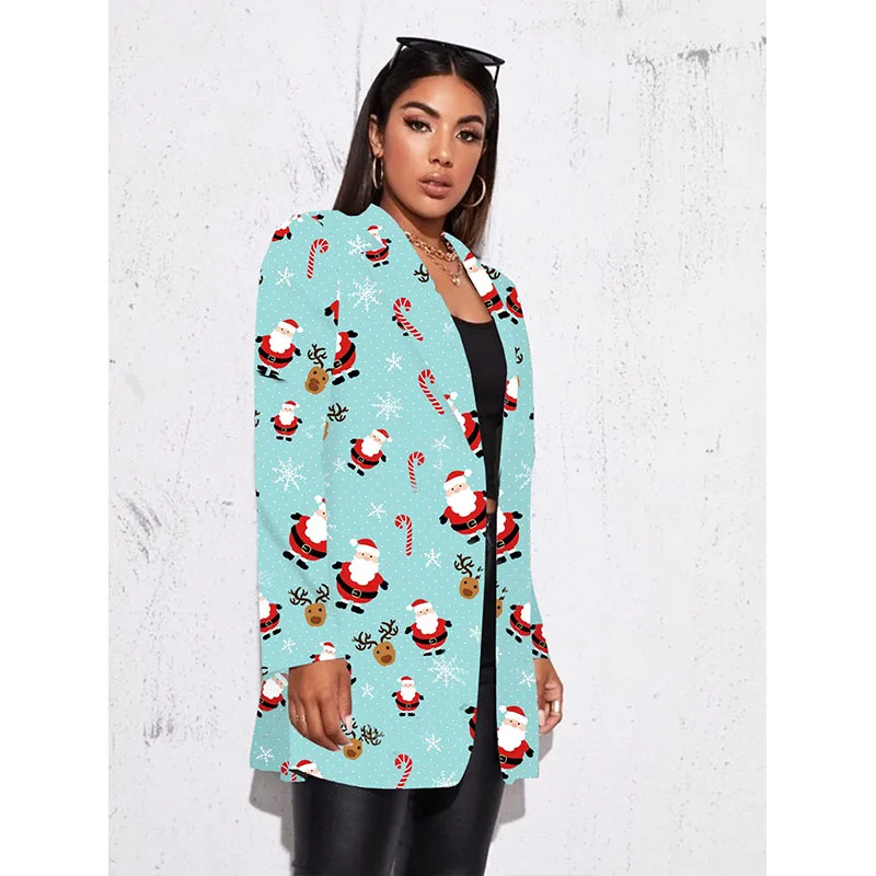 

Blue Christmas Pattern Print Blazers for Women Casual Elegant Slim One Button Long Sleeve Fashion Plus Size Clothing Autumn 2021
