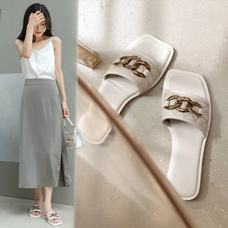 

Punk Metal Decoration Female Slippers Genuine Leather Thick low Heels Sandals For Women Summer Prom Party Shoes Woman