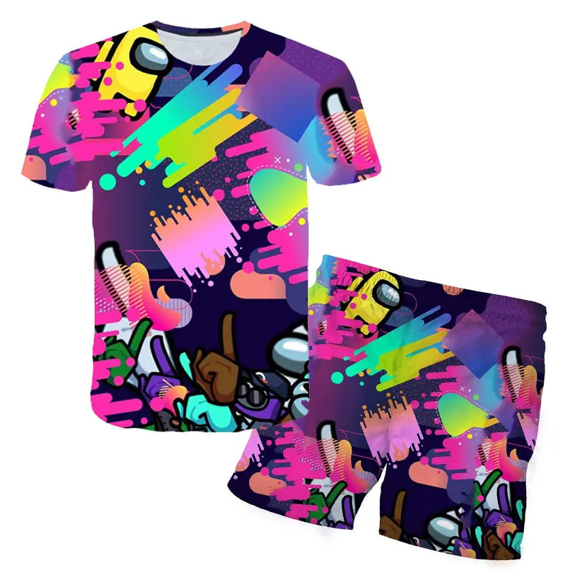 

Summer 3D Short-sleeved Suit Among Us Cartoon T-shirt + Shorts Set Anime Pattern cute Boys and Girls Fashion Tops