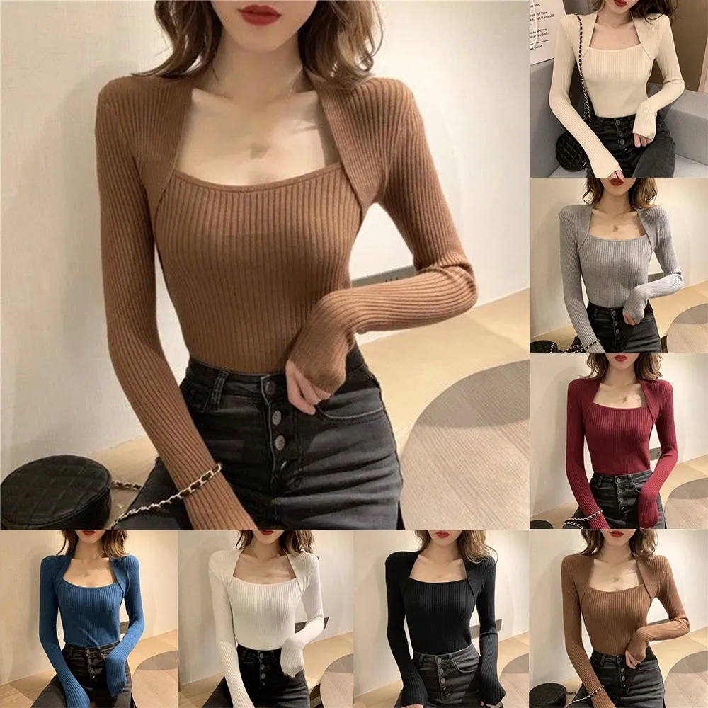 

Oversized Women French Elegant Square Neck Sweater Casual Slim Pullover Stretch Ribbed Long Sleeve Cardigan Knit Shirt Top