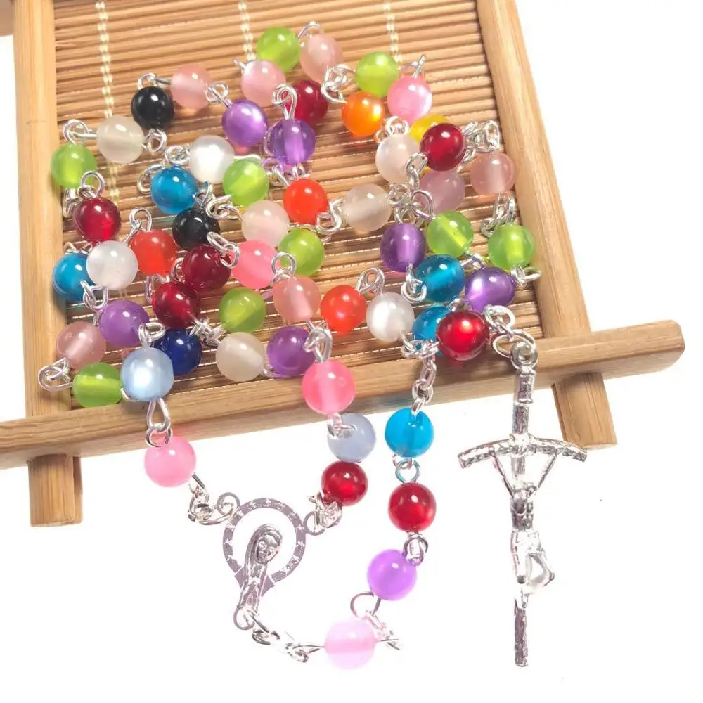 freeship 3pcs/set multicolor catholic Rosary necklace beautiful 6mm faux cat eye bead rosary pendant Necklace virgin mary center | Украшения