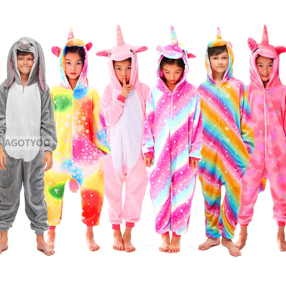 Фланелевые детские пижамы с рисунками животных зима 2020 капюшоном единорог Стич