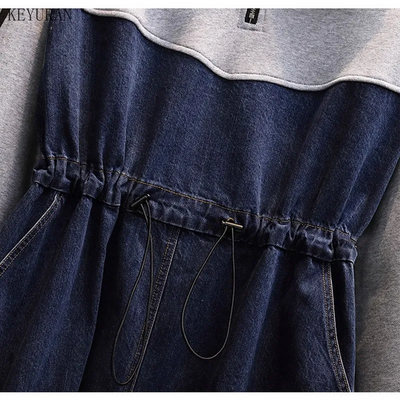 

Plus Size Dress Women Hoodies 2020 New Fashion Long Sleeve Cotton Sweatshirt Patchwork Single-breasted Denim Dresses L-4XL