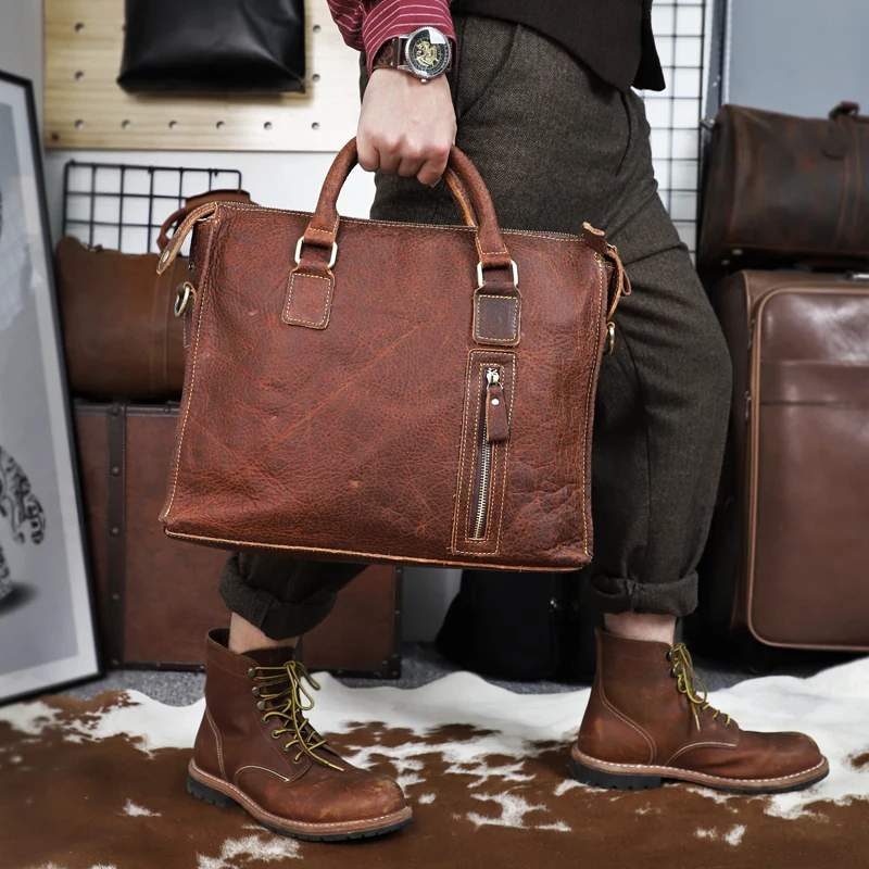 Men Briefcase Genuine Leather Laptop Bag 13.5