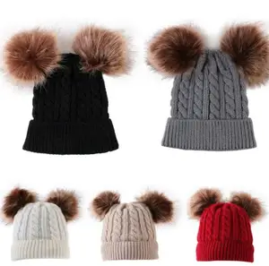 Зимние женские Стрейчевые вязаные шапочки для маленьких девочек, детские шапки для девочек, меховая шапка с черепом, теплые шапочки