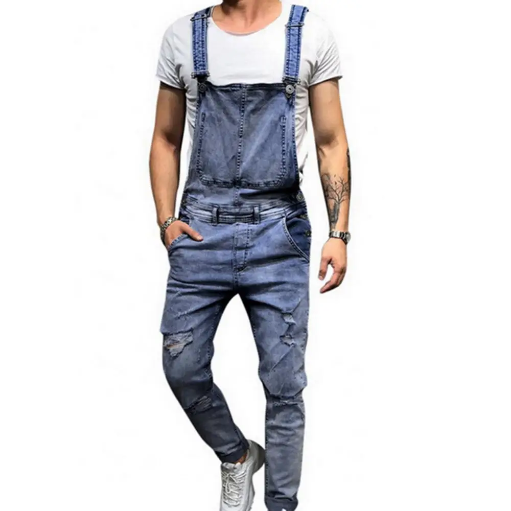 Джинсовый комбинезон мужской в стиле ретро, узкий рваный длинный джинсовый комбинезон с дырками, модная повседневная одежда, на лето