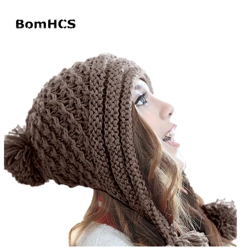 BomHCS, корейский стиль, модная женская зимняя теплая шапка, ручная работа, вязаная шапка с цветком - Цвет: Coffee