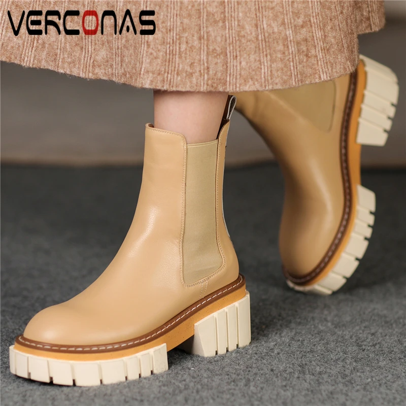 

VERCONAS Fashion Concise Retro Women Ankle Boots Platforms Thick Heels Casual Working Genuine Leather Autumn New Shoes Woman