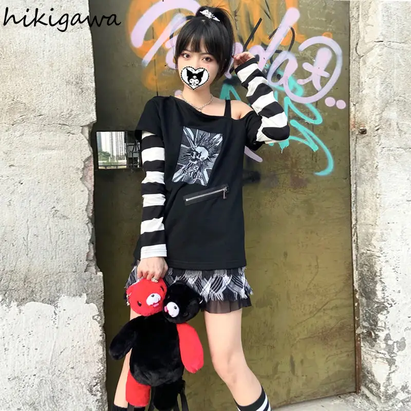 

Hikigawa Shirts for Women Fake Two Piece Patchwork Striped Tshirts Off Shoulder Zipper Punk Tees Harajuku Japanese Tops Female