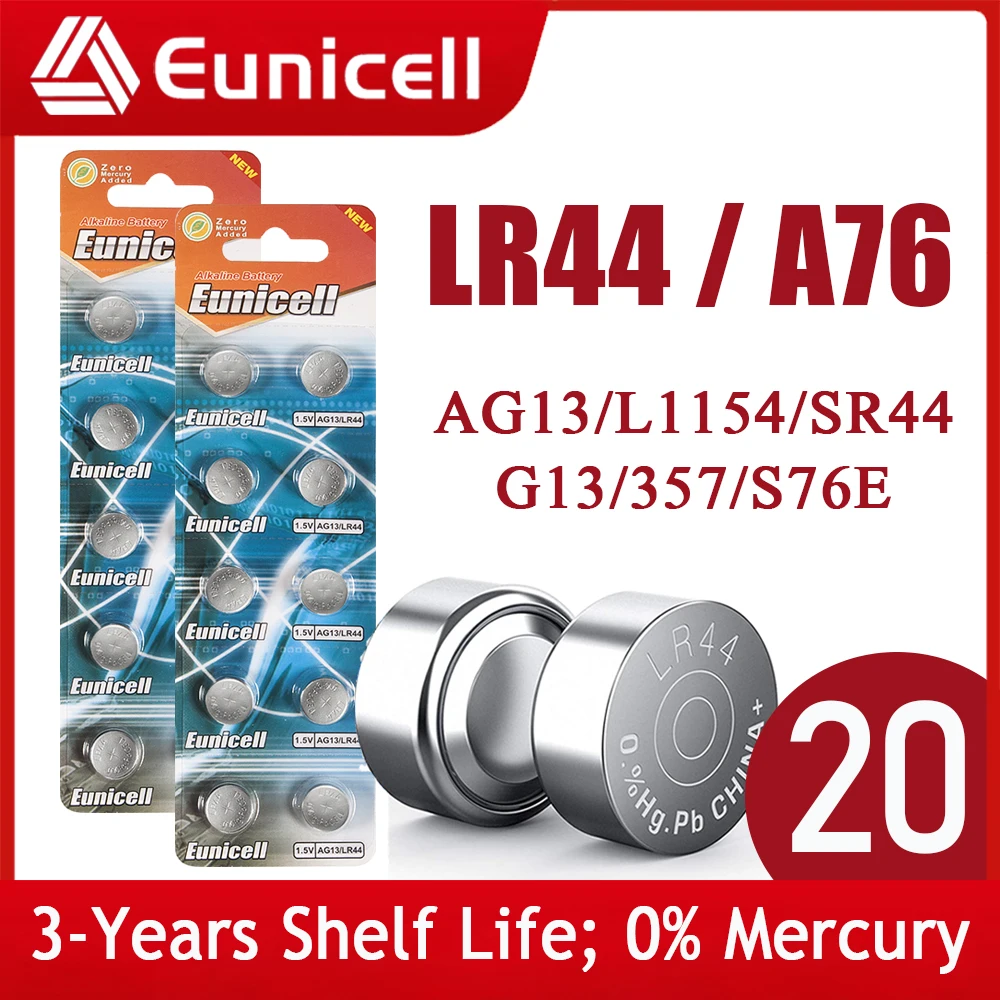 Аккумуляторные батарейки Eunicell LR44 AG13 20 шт. 155 мАч батарея для пилы 357A S76E G13 LR1154 L1154 RW82