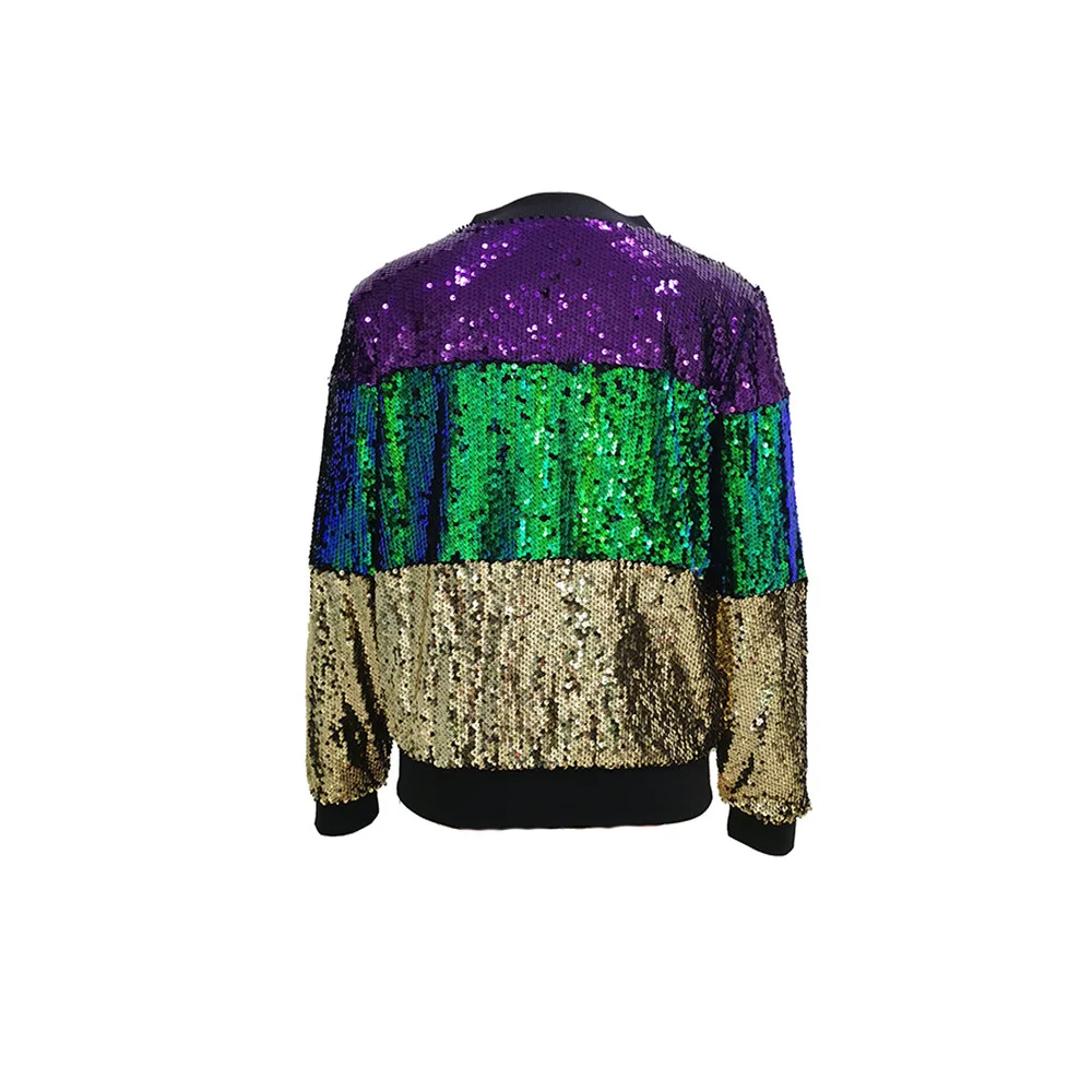 

Purple Green Gold Color Block Patchwork Jacket Women Zipper Front Long Sleeve Slim Fit Coat Streetwear Night Club Party Outwear