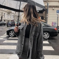 puwd casual woman loose houndstooth tassel shirt coat 2021 chic fashion ladies oversized plaid jacket female streetwear outwear