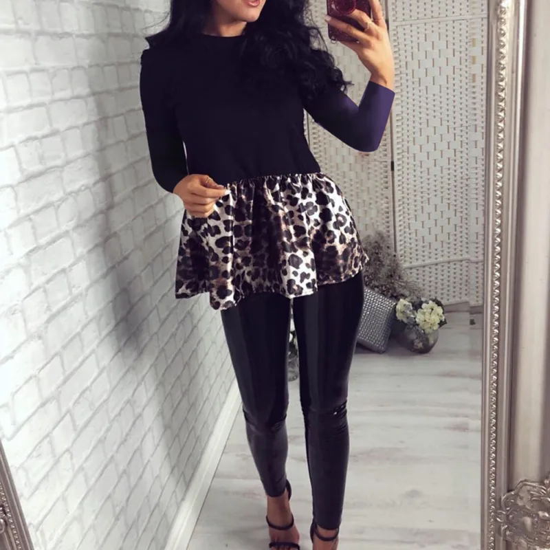 Элегантная футболка женская с длинным рукавом топ оборками и круглым вырезом