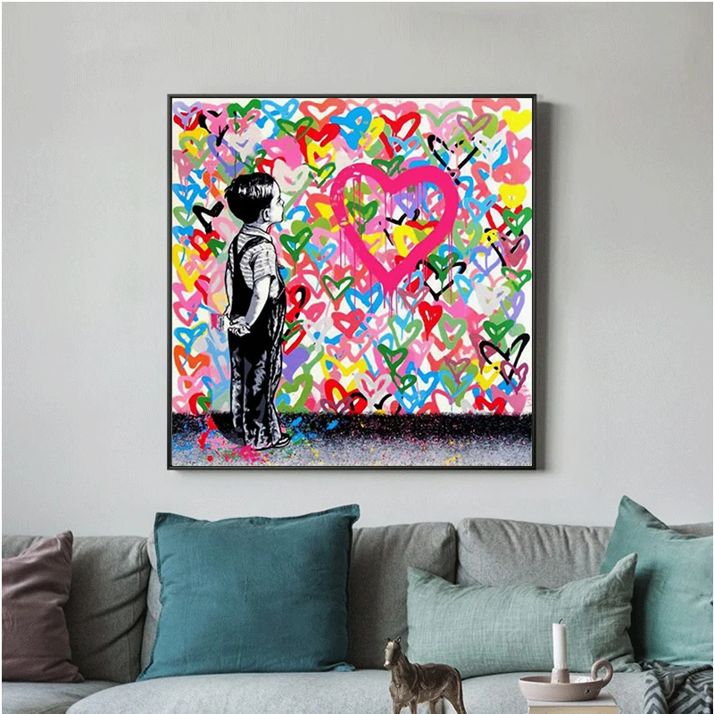 

Graffiti Art Little Boy and Colorful Love Hearts Posters and Prints Canvas Paintings Wall Art Pictures for Living Room Decor