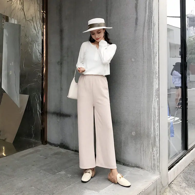 beige white pants Осень зима Kint широкие брюки женские свободные черные брюки с высокой талией брюки в деловом стиле женские прямые брюки Pentalon Femme C5891 - Цвет: beige white pants